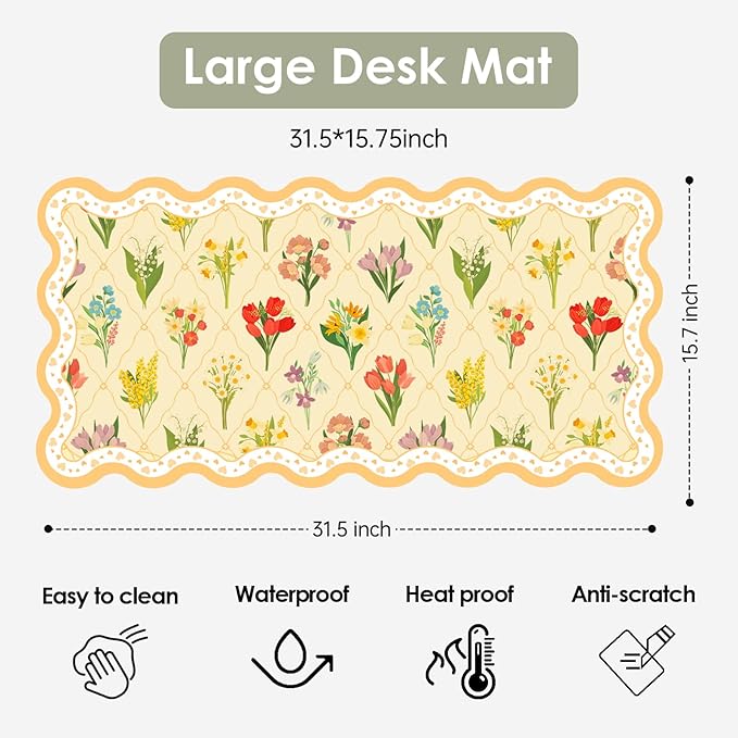Idocolors Desk Mat for Keyboard and Mouse Large Aesthetic Scalloped Desktop MatCute Washable Non-Slip Computer Desk Mouse Pad for Office Home 31.5x15.7 Yellow Flower
