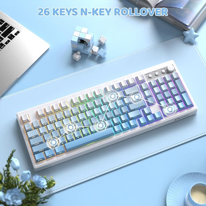 ZIYOU LANG K100 Wireless Gaming Keyboard99 Keys Tri-Mode BT/2.4GHz/USB-C Creamy Color Keyboard with Number Pad RGBMedia Knob Custom Programmable Computer Keyboards for PC/Mac/Xbox (Blue)