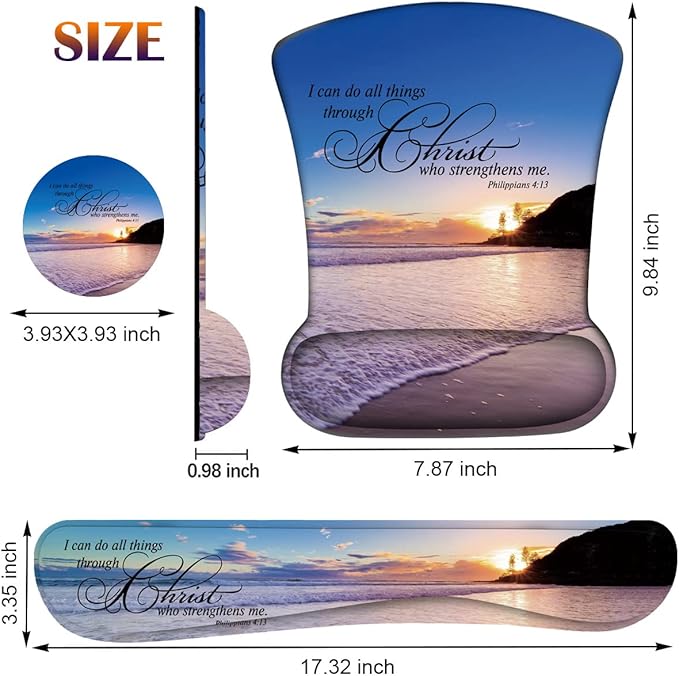 Keyboard Wrist Rest Pad + Mouse Pad Wrist Rest Support + Coaster Combo Set Ergonomic Gaming Mouse Pad for Wrist Pain Relief for Computer Laptop Home Office Beach Quoting Bible Verse Philippians 4-13