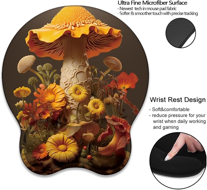 Mouse Wrist Rest and Keyboard Wrist Rest Pad+ Coaster Set Non-Slip Rubber Base Smooth Surface Ergonomic Gaming Mouse Pad for Easy Typing and Pain Relief Mushroom Sunflower