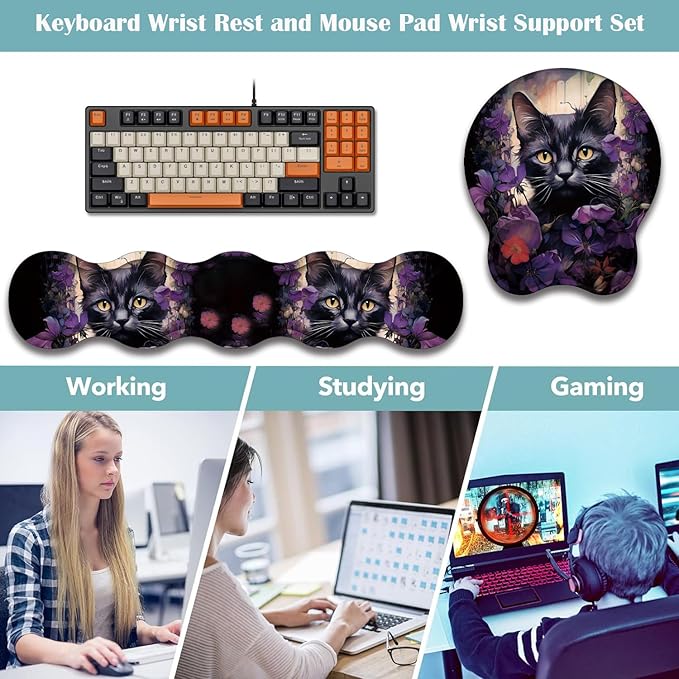 Mouse Wrist Rest and Keyboard Wrist Rest Pad+ Coaster Set Non-Slip Rubber Base Smooth Surface Ergonomic Gaming Mouse Pad for Easy Typing and Pain Relief Cat &amp Purple Flower