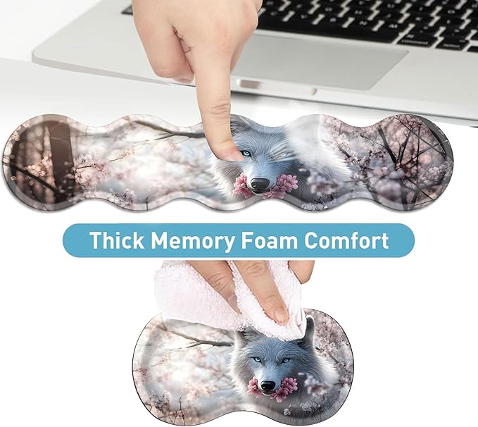 Keyboard Mouse Pad Set Extended Gaming Mouse Pad+Ergonomics Keyboard Wrist Rest Support Memory Foam Easy Typing Pain Relief 4Pcs XL Ultra Thick Desk MatWolf and Cherry Blossoms