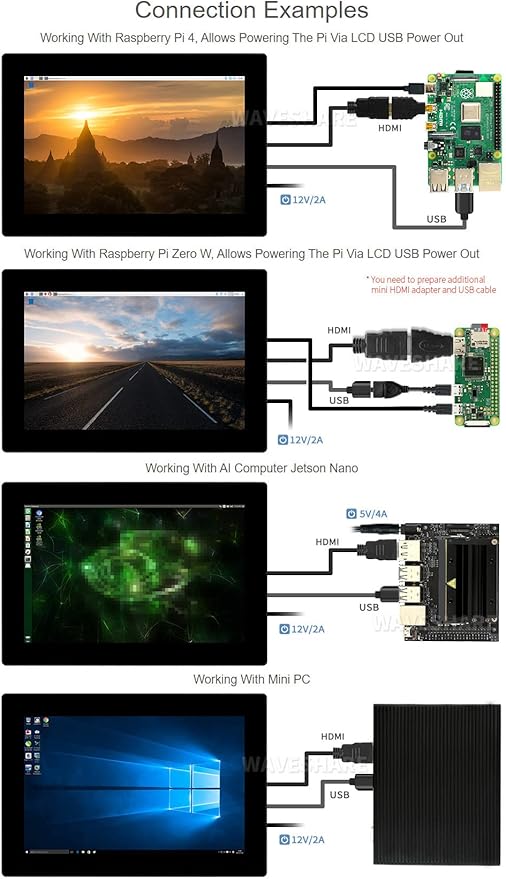 waveshare 10.1inch HD Capacitive Touch Screen LCD Compatible with Raspberry Pi 4B/3B+/3A+/2B/B+/A+/Zero/Zero W/WH/Zero 2W CM3+/4 1920×1200 Resolution HDMI IPS Supports Windows/Jetson Nano