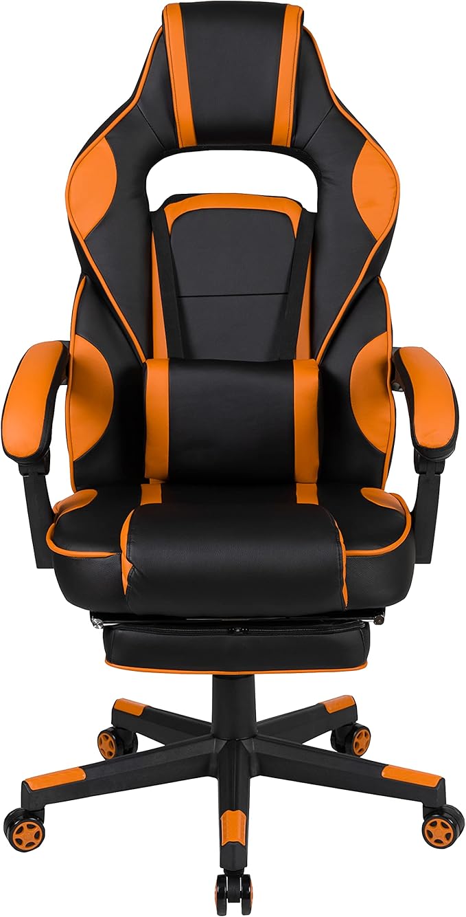 EMMA + OLIVER Black/Orange Ergonomic Gaming Chair -Recline Back/Arms Footrest Massaging Lumbar