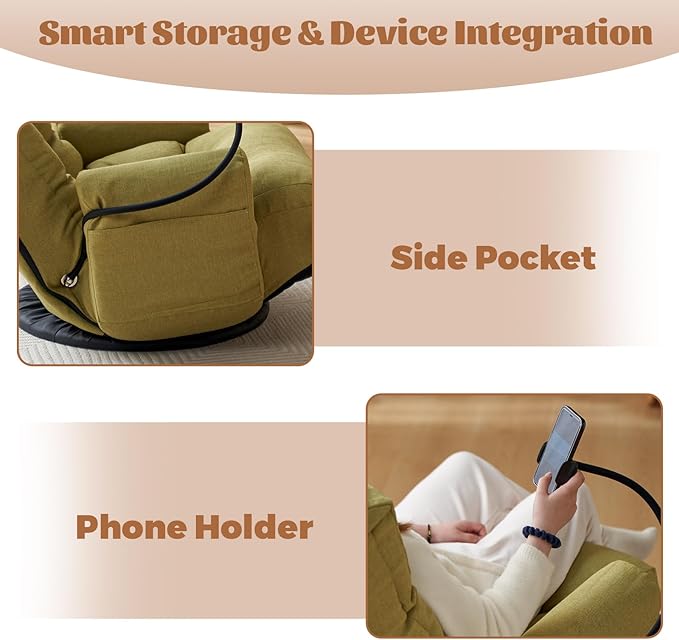 360° Swivel Floor Green Gaming Chair Linen Folding Lounge Sofa Chair with Adjustable Head and Waist Armrests &amp Phone Holder Padded Cushion Leisure Chairs for Living Room Bedroom