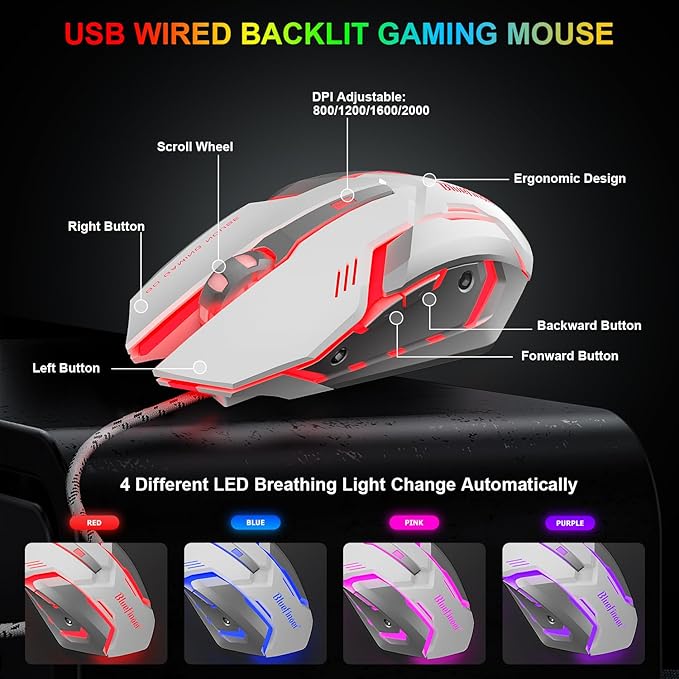 BlueFinger RGB Gaming Keyboard and Backlit Mouse Combo USB Wired LED Gaming Set for Laptop PC Computer Game and Work(White)