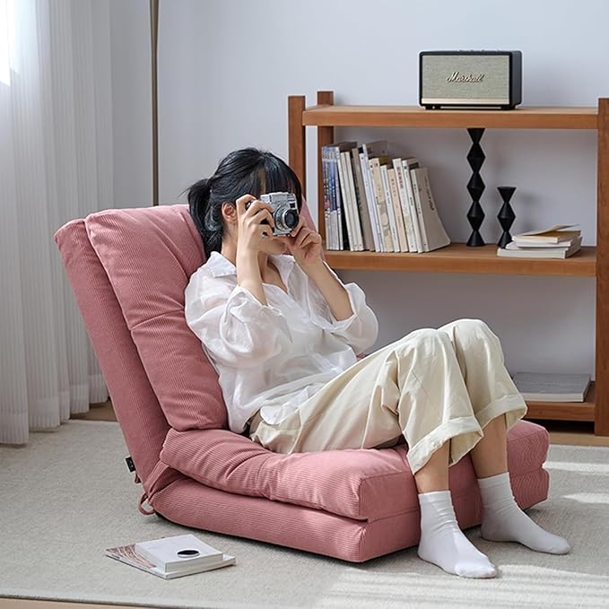 ELEFOCUS Floor Folding ChairAdjustable Lazy Sofa Bedwith Back Support for Reading Resting Gaming Black- Large(PinkLarge)