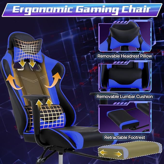 Gaming Chair for Adults - 250lbs Capacity Video Game Chair with Footrest &amp Lumbar Support Ergonomic 360° Swivel Height Adjustable Office Gamer Chair Heavy-Duty PU Leather (Blue)