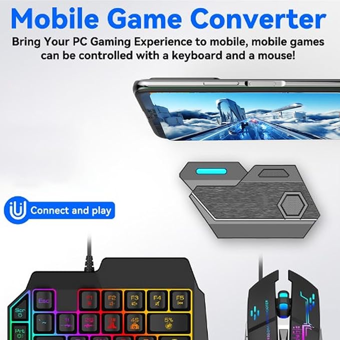 VBESTLIFE Half Hand Gaming Keyboard and Mouse Combo 38 Keys Single Handed Wired RGB Keyboard and Gaming Mouse Converter for Android PC Gaming Player