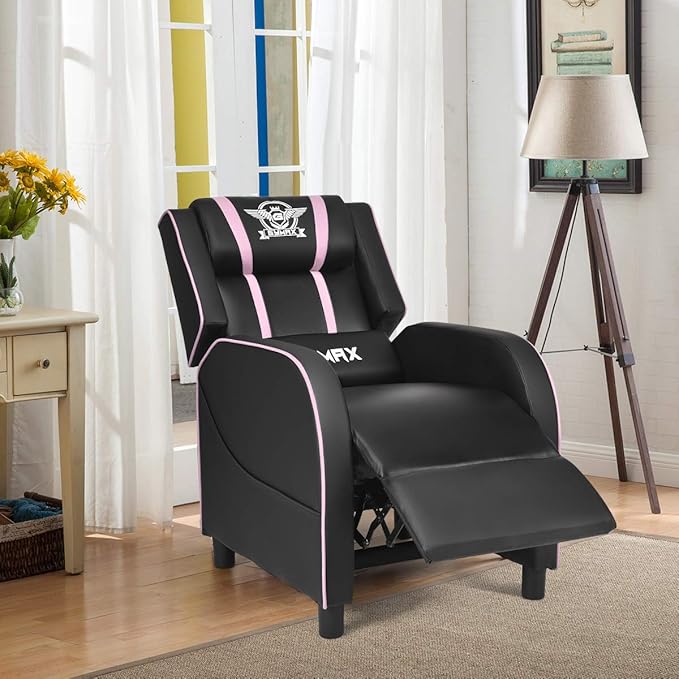 POWERSTONE Gaming Recliner Chair Reclining Gaming Chairs for Adults Ergonomic Leather Sofa with Footrest Lumbar Support Headrest and Side Pouch for Living Room Home Theater Pink