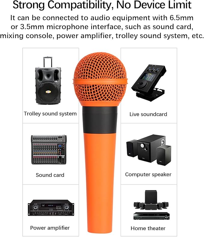 Microphone For Singing Metal Karaoke Microphone Dynamic Microphone Handheld Wired Microphone Connect With Any 6.5mm Or 3.5mm Microphone Interface Audio Equipment (Orange)