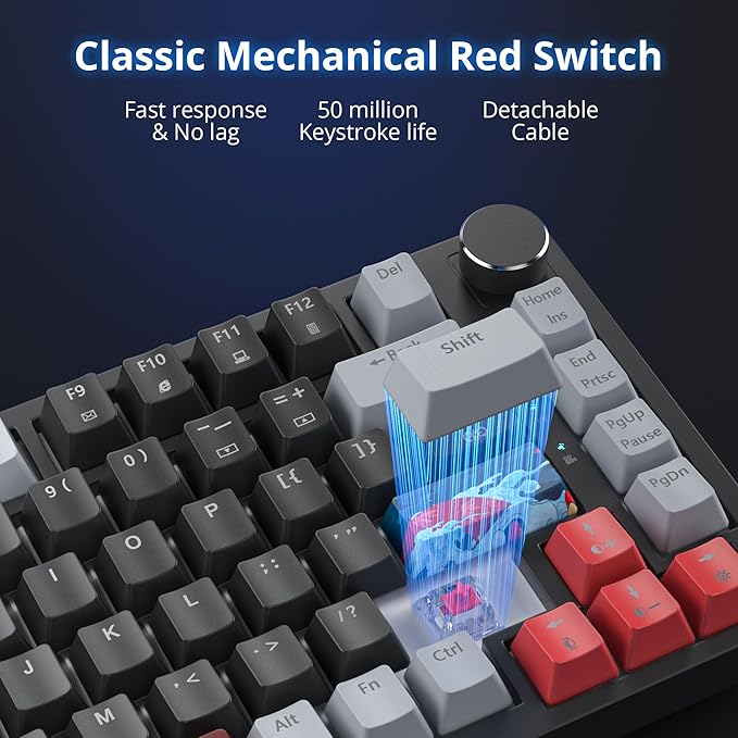 Fogruaden 75% Wired Mechanical Gaming Keyboard - 75 Percent TKL Hot Swappable Gasket Mount Red Switch RGB Backlit 82 Keys NKRO Compact with Knob (Dark)