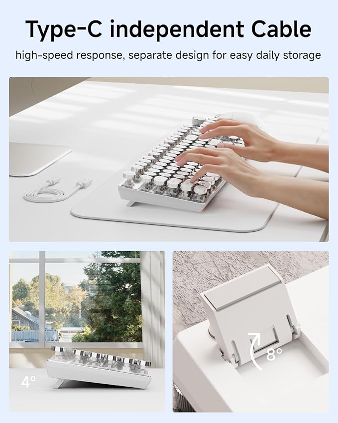 EWEADN Typewriter Style Mechanical Keyboard Wired Typewriter Keyboards104 Keys Backlit LED Metal Keyboards Media Control Knob Wired Computer Keyboard White Switch for Windows/Mac/PC-White