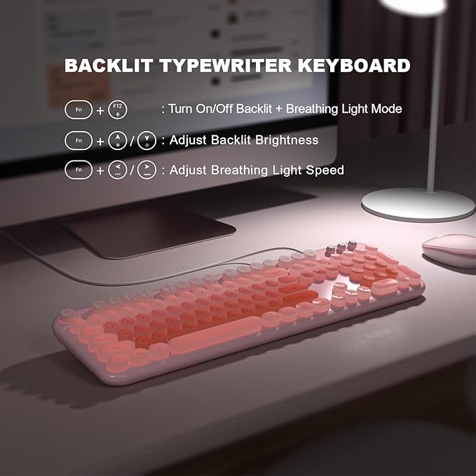 Wired Keyboard with Backlit Light Up Computer Keyboards with Multimedia Keys Full Size Wired Keyboard with Illuminated LED Plug and Play Anti-Wear Letters for Laptop Desktop- Pink Colorful