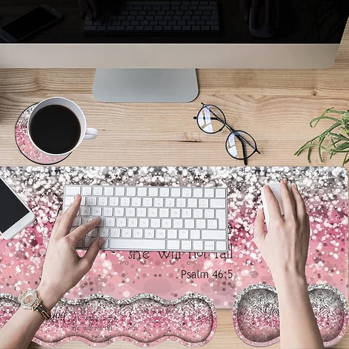 Gaming Mouse Pad Set Large Gaming Mouse Pad+Keyboard Wrist Rest+Mouse Wrist Rest+Coaster Easy Typing Pain Relief 31.5 × 11.8 inch Desk Mat for Home Office Bible Verses Psalm 46:5