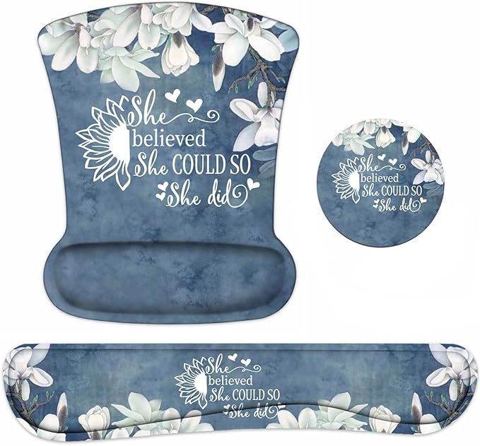 Keyboard Wrist Rest and Mouse Pad Wrist Support Set with Coasters She Believed She Could So She Did Inspirational Quote Wrist Mouse Pad with Non-Slip PU Base for Home Office Working Studying