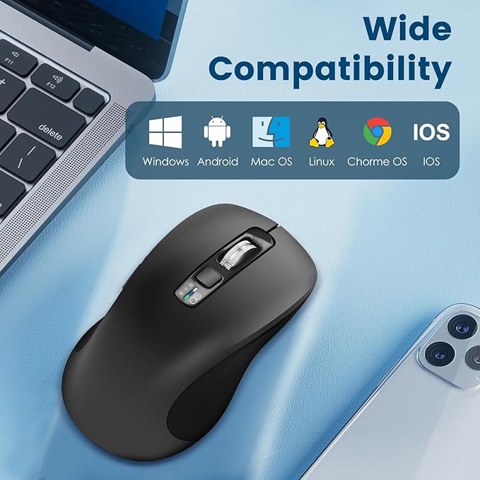 Wireless Bluetooth Mouse (USB + BT1 + BT2) Full Size Mouse 4-Way Scrolling Multi-Device Silent for Computer Laptop iPad MacBook (Grey)