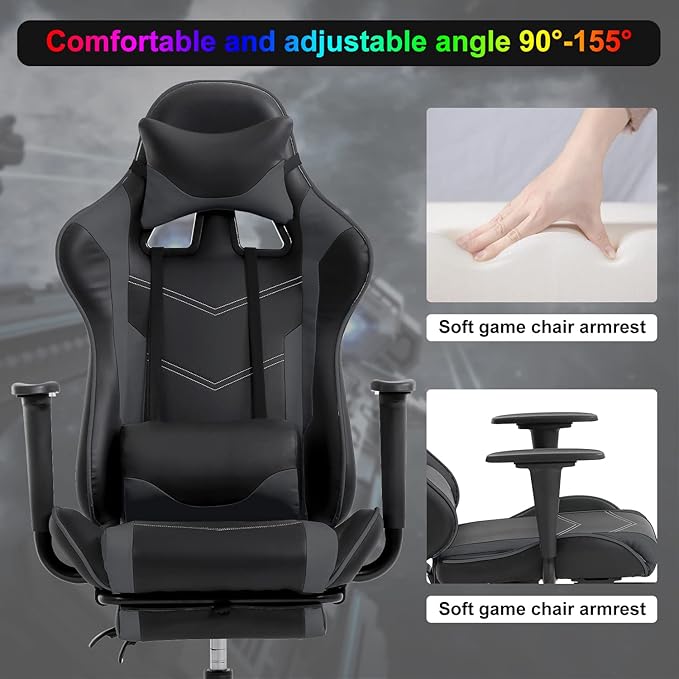 Gaming Chair Computer Chair Ergonomic Gaming Chair with Footrest Reclining High Back Video Game Chair with Lumbar Support Headrest Armrest Swivel Seat for Women Men (Grey)