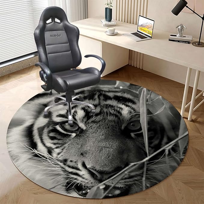 Black Grey White PU Leather Gaming Chair Mat Office Chair Mat Tiger Nature Predator Watercolor Hardwood Floor Floor Mats Office Chair Desk Chair Anti Slip Floor Protector Animal Diameter 47.2 in