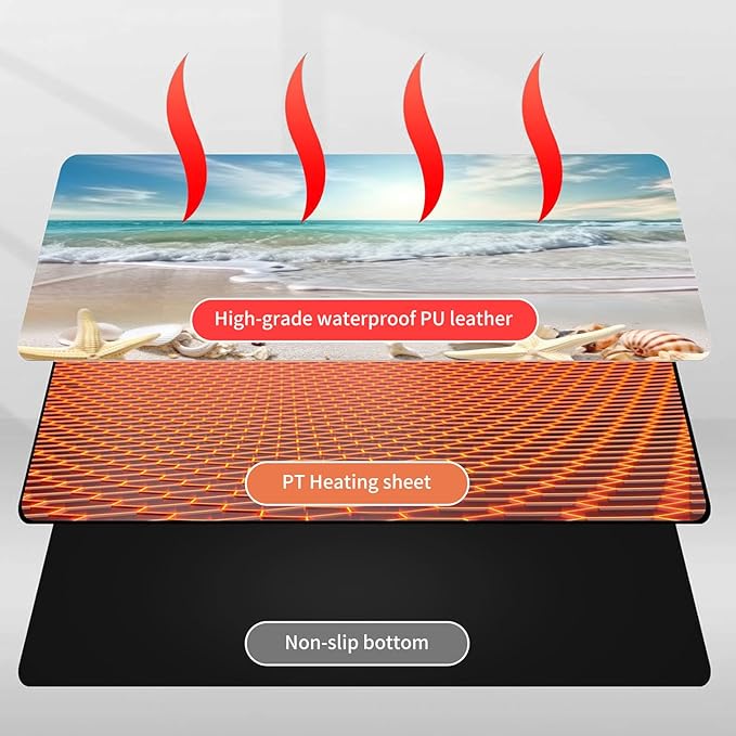 Heated Mouse Pad Hand Warmer Warm Desk Pad Mousepad Desk Mat with 3 Levels Heating and Auto Shut Down 31.5 x 13 inch PU Leather Warmer Keyboard Mat for Gaming Laptop Office Home Starfish Beach