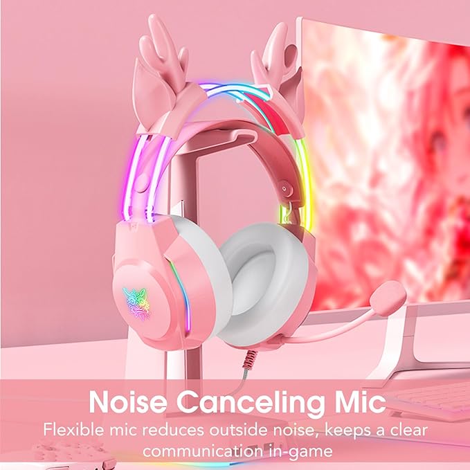 Gaming Headset with Microphone Deer Ears Headphones for PC Laptop PS4 PS5 Xbox Switch Rainbow RGB Lighting &amp Virtual Surround Sound 3.5mm Over Ear Headphones Ergonomic