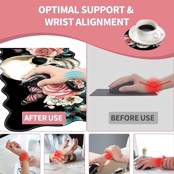 Large Gaming Mouse Pad Keyboard Wrist Rest Pad &amp Wrist Support Mousepad Set Stitched Edge Extended Non-Slip Base Memory Foam Desk Mat for Office HomeFloral Skull