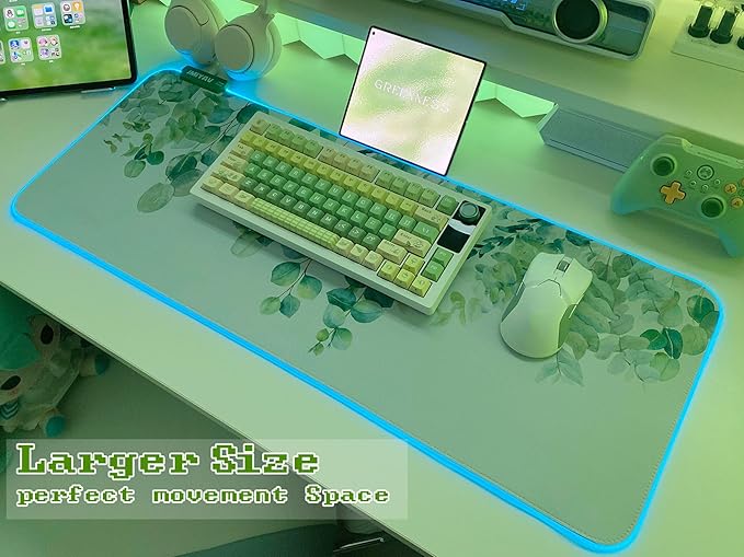 JMIYAV Green RGB Gaming Mouse Pad 31.5x12 Inch PC XL Large Glowing Led Light Up Desk Pad Non-Slip Rubber Base Computer Cute Mousepad Mat Desk Accessories Gaming Setup Spring Willow
