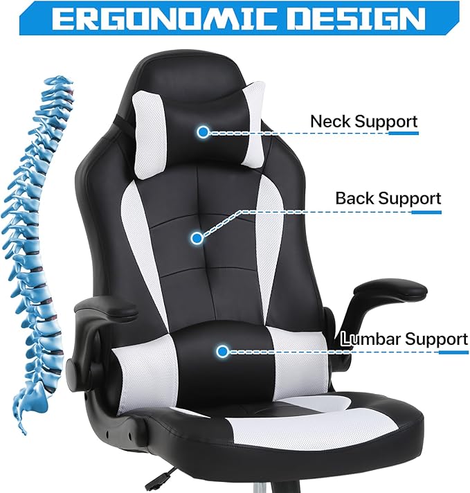 PC Gaming Chair - Ergonomic PC Office Chair w/Adjustable Lumbar Support &amp Headrest High Back PU Leather Computer Desk Chair for Adults (350lbs Capacity) (White)