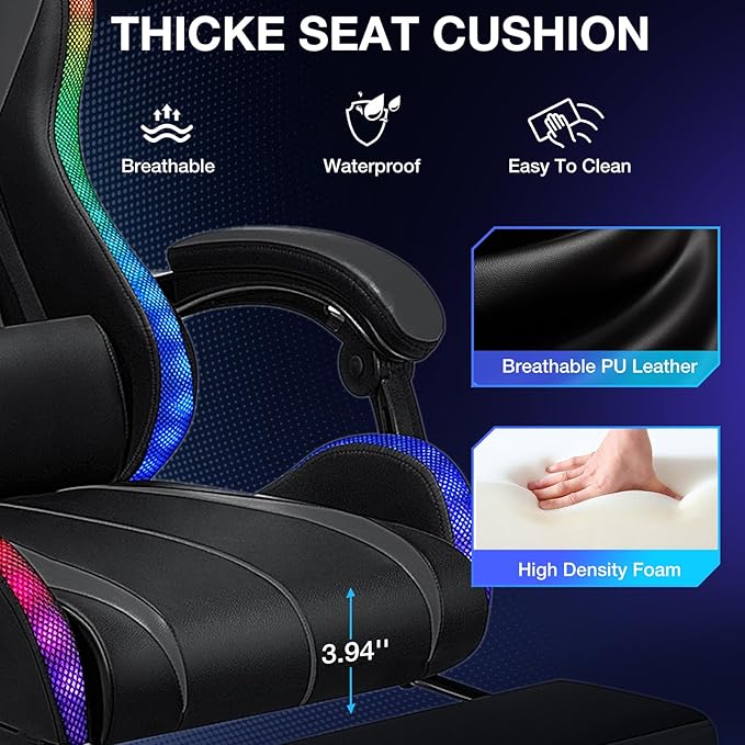 Gaming Chair with Bluetooth Speakers and LED RGB Lights Ergonomic Massage Computer Gaming Chair with Footrest High Back Music Video Game Chair with Lumbar Support Grey and Black