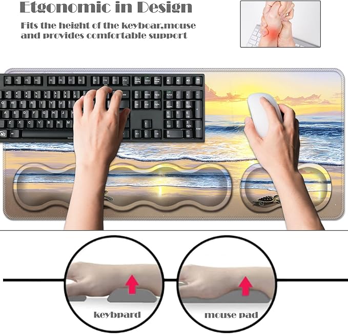 Ergonomic Keyboard Wrist Rest &amp Mouse Pad Wrist Rest SetXL Gaming Desk Mat 31.5x 11.8Non-Slip BaseMemory FoamEasy Typing Pain Relief for Office &amp HomeSea Turtle on Beach Sunset