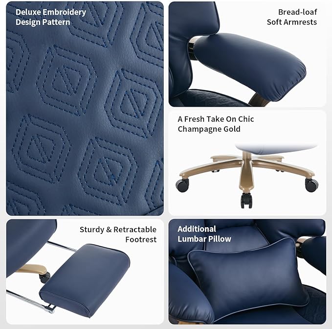 Big and Tall Executive Office Chair with Footrest 400LBS Capacity Ergonomic High-Back Desk Office Chair with Lumbar Support Padded Armrests &amp Thick Cushion Blue PU Leather Chairs
