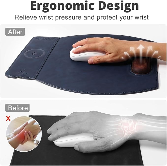 Magnetic Wireless Charging Mouse Pad with Ergonomic Design Mousepad with Wrist Support Foldable Mousepad with Wrist Rest and for Computer Laptop Office &amp Home 14 x 12.1 in Blue