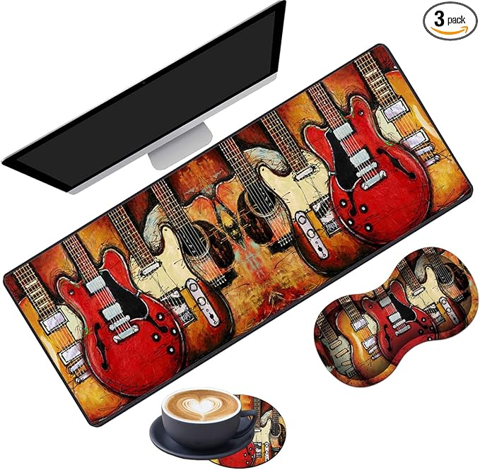 Extended Gaming Mouse Pad Desk Pad Keyboard Pad Mouse Wrist Rest and Coaster Anti-Slip Rubber Base Mouse Pad Suitable for Gaming and Office Guitar
