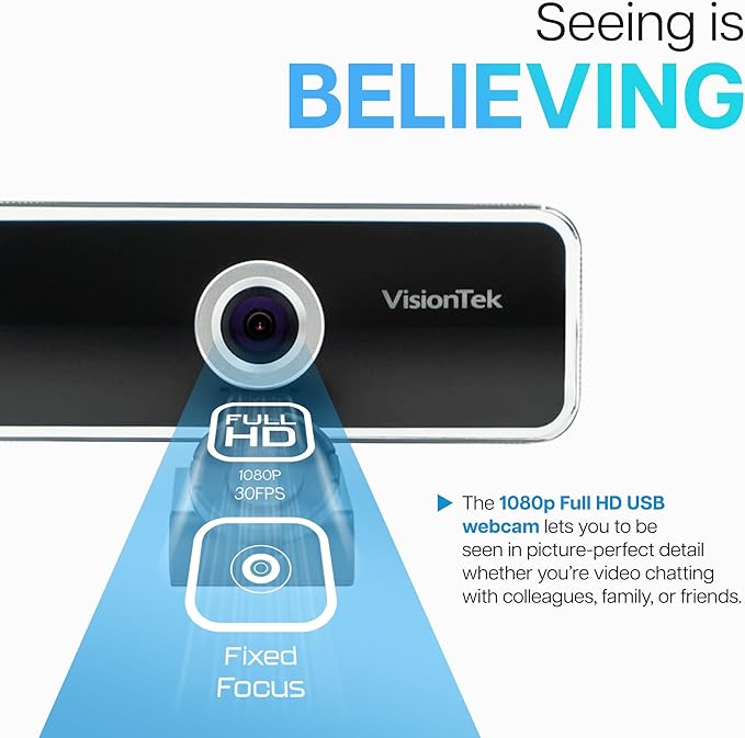 VisionTek VTWC20 Full HD (1080P 30FPS) Webcam for Windows Mac Linux &amp Chromebook w/Digital Microphone Auto Focus Privacy Cover &amp Wide Viewing Angle