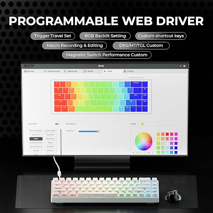 x XVX HE68 Pro Rapid Trigger Keyboard 60% PercentHall Effect Keyboard with Gateron Magnetic Jade Pro SwitchCNC Aluminum Frame Topographic Custom Mechanical Key Board for PC/Laptop/Xbox/PS4/PS5White