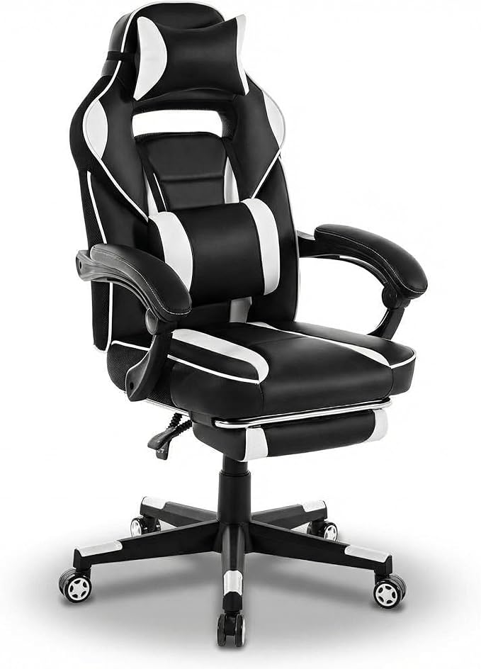 DJY-2470 Ergonomic Gaming Chair Racing Style Computer Chair with Adjustable Lumbar Support &amp Reclining PU Leather Video Game Chair for Adults Black &amp White