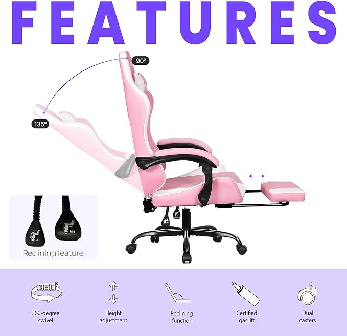 N-GEN GAMING Video Gaming Chair with Footrest Lumbar Support for Home Office High Back Recliner Height Adjustable Ergonomic Comfy Leather Computer Desk Chair (Pink)