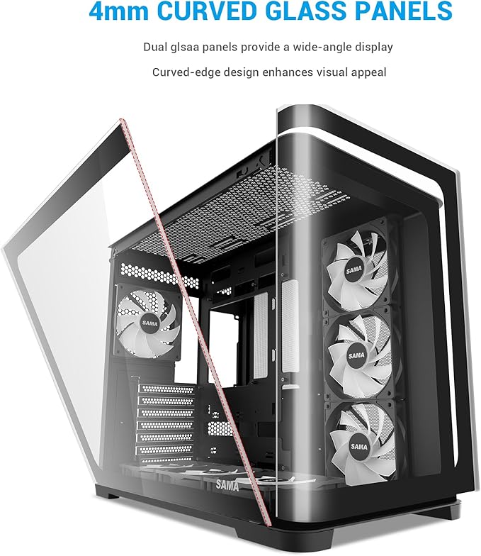 SAMA V60 Mid Tower PC Case Curved Tempered Glass Panel 7×120mm ARGB PWM Fans with Fan Hub USB Type-C High Airflow ATX PC Case for Case PC Gaming Back-Connect Ready 360mm AIO Support – Black