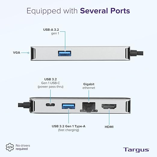 Targus+DOCK419USZ+Docking+Station+-+for+Notebook+-+100+W+-+USB+Type+C+-+3+x+USB+Ports+-+Network+(RJ-45)+-+HDMI+-+VGA+-+Wired