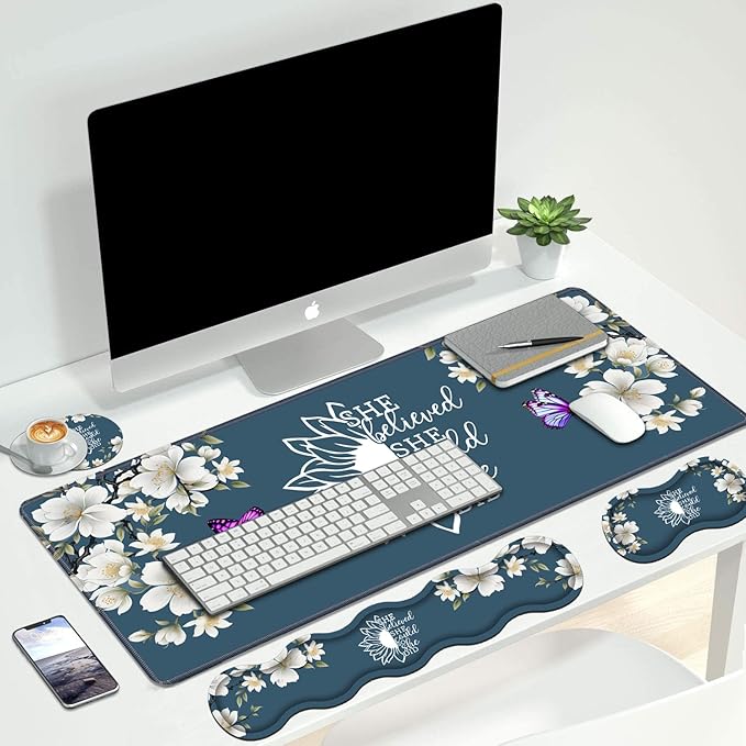 Ergonomic Keyboard Wrist Rest &amp Mouse Pad Wrist Rest Set She Believed She Could So She Did Inspirational Quote Large XXL Gaming Desk Mat 31.5x 11.8 with Non-Slip Base for Home Office Study Gami