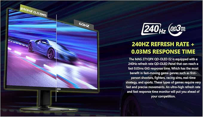 msi 27 QD-OLED Gaming Monitor | QHD(2560x1440) 240Hz 0.03ms | AMD FreeSync Premium Pro | True Black HDR 400 99% DCI-P3 | USB-C Adjustable Ergonomic Stand