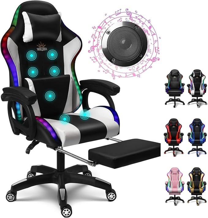 XOOFMASS Gaming Chair for Adults with LED Lights and Speakers Ergonomic Pro Video Game Chair with 7-Point Massage and Footrest Office Chair for Gaming/Office/WorkingWhite