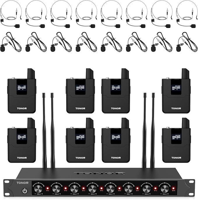 TONOR Wireless Microphones System with 8x12 Channels Headset/Lavalier Lapel Mics Bodypack Transmitter Receiver 90 m/295ft UHF Range for Church Conference Performance Singing Karaoke PA Speaker