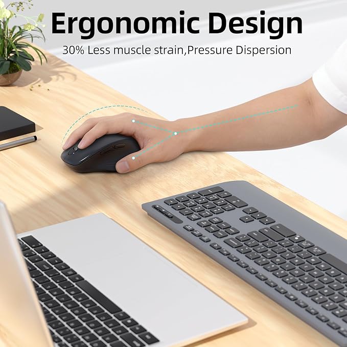 Wireless Bluetooth Mouse Multi Device (BT1/BT2 + 2.4G USB) Mouse for Laptop iPad &amp Mac 4-Way Scroll with Side Buttons Silent Click Ergonomic Offce Mouse Adjustable DPI