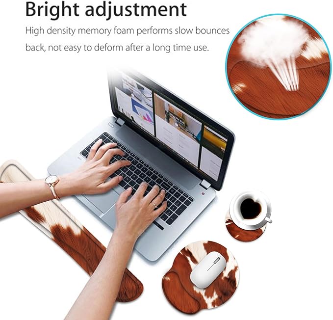 Keyboard Wrist Rest and Mouse Pad Wrist Support Set with CoasterComfortable for Easy TypingPain ReliefMemory Foam Keyboard Pad Set for Laptop MacCowhide Farm Animal Skin Leopard Brown Cow