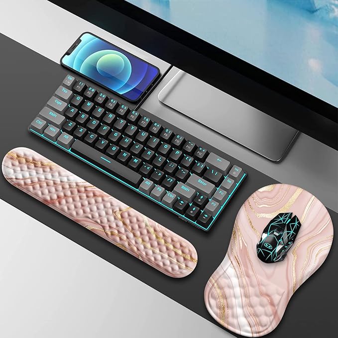 HAOCOO Keyboard Wrist Rest Ergonomic Mouse Pad with Wrist Rest 3 in 1 Keyboard and Mouse pad with Coaster Set Memory Foam Wrist Support Non-Slip PU Base for Home Office Rose Gold Pink