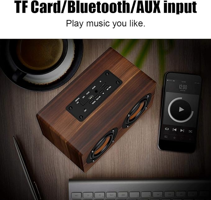 Mini Speaker7 inch Wood Bluetooth Speaker with FM Radio HiFi Music Clock Alarm Retro Subwoofer Speaker with 6-8 Hours Playback Support Bluetooth/TF/AUX