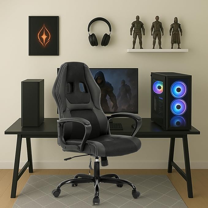Gaming Chair with Massage Function PU Leather Chairs Ergonomic Office Chair Executive Computer Chairs High Back Computer Task with Lumbar Support Adjustable Height Black