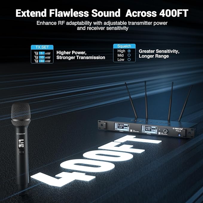 Phenyx Pro Dual-Channel Wireless Microphone System Dynamic Mics w/ID Lock Tunable Power Level Auto Scan Spectrum Analyzer True Diversity Cordless Handheld for Singing DJ Karaoke (PTAU-2)