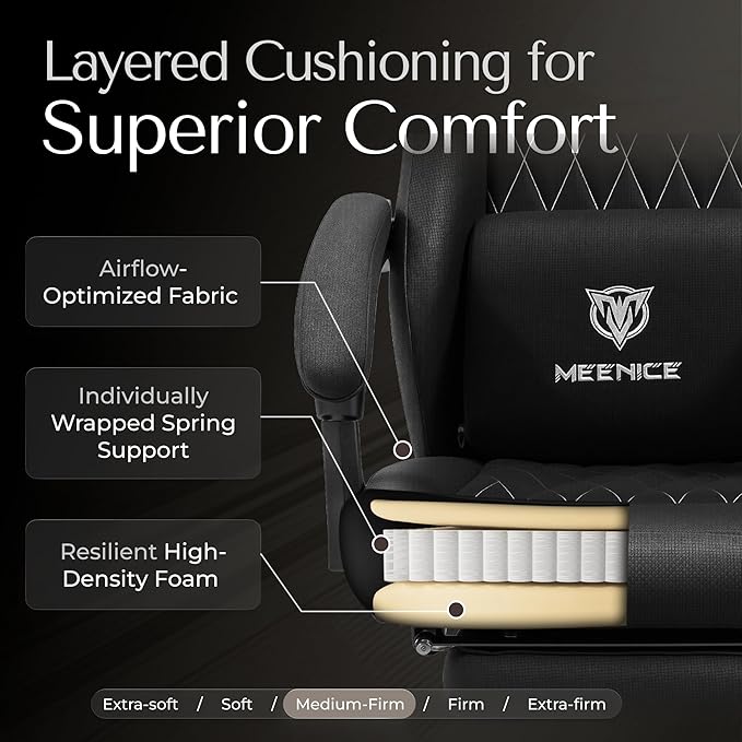 Gaming Chair Fabric with Pocket Spring Custion Ergonomic High Back Video Game Chair with Footrest Massage Lumbar Support Height Adjustable Comfy Computer Chair for Adults Game Office Onyx